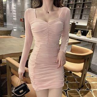 Plain Square-neck Lace Panel Mesh Slim-fit Ruched Long-sleeve Dress