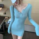 Long-sleeve Mini Bodycon Dress Aqua Blue - One Size