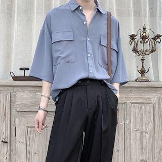 Plain Elbow-sleeve Pocket-front Shirt