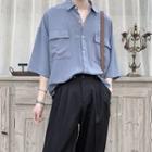 Plain Elbow-sleeve Pocket-front Shirt