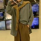 Set: Long-sleeve Plaid Shirt + Shawl