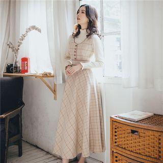 Set: Frill-trim Long-sleeve Knit Top + Plaid Midi Pinafore Dress
