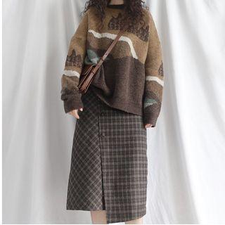 Jacquard Sweater / Plaid Midi A-line Skirt / Set