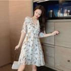 Floral Short-sleeve Drawstring-waist A-line Dress