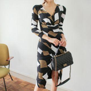 Long-sleeve Print Slit Midi Sheath Dress