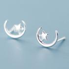925 Sterling Silver Moon & Star Earring 1 Pair - S925 Silver - Silver - One Size