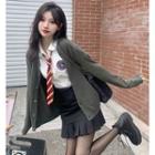 Shirt With Tie / Light Knit Cardigan / High-waist Pleated Mini Skirt