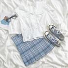 Short-sleeve Plain Cropped Blouse / Plaid A-line Mini Skirt