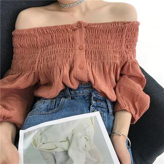 Plain Off-shoulder 3/4-sleeve Loose-fit Blouse