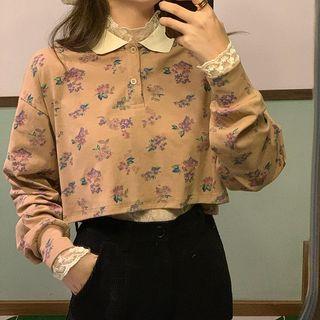 Long-sleeve Floral Printed Cropped Polo Shirt / Frill Trim Crochet Lace Top