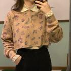 Long-sleeve Floral Printed Cropped Polo Shirt / Frill Trim Crochet Lace Top
