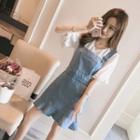 Elbow-sleeve T-shirt / Mini Denim Dungaree Dress / Set