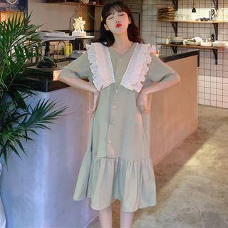 Plain Ruffled Elbow-sleeve Shirt Dress