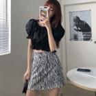 Square-neck Short-sleeve Blouse / Zebra Print Mini A-line Skirt