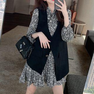 Set: Floral Long-sleeve A-line Dress + Vest
