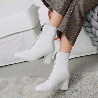 Square-toe Chunky Heel Front-zip Short Boots