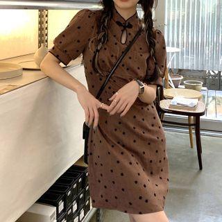 Short-sleeve Patterned Mini Qipao Dress