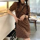 Short-sleeve Patterned Mini Qipao Dress