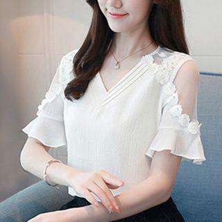 Short-sleeve Cold Shoulder Lace Panel V-neck Chiffon Top