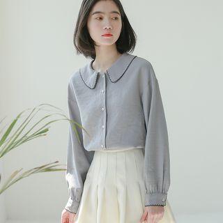 Peter Pan Collar Long-sleeve Shirt Grayish Blue - One Size
