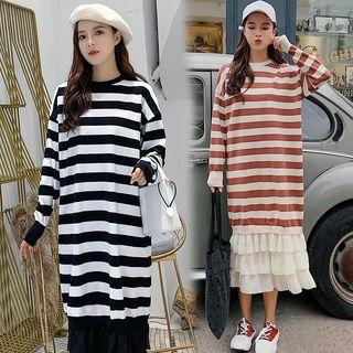 Long-sleeve Striped Midi Tiered Knit Dress