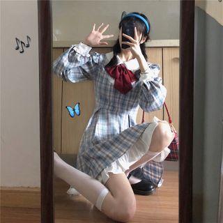 Long-sleeve Bow-accent Plaid Dress