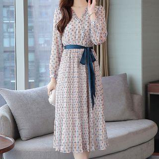 Flower Print Tie-waist Long-sleeve Midi A-line Dress