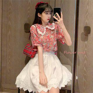 Floral Short-sleeve Shirt Top - Floral - One Size
