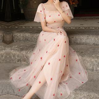 Shrot-sleeve Star Pattern A-line Maxi Dress