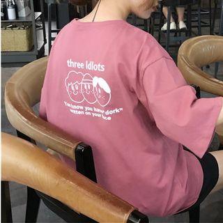 Elbow-sleeve Cartoon Printed Letter T-shirt