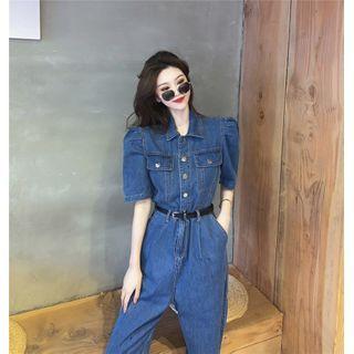 Puff-sleeve Denim Jumper Pants