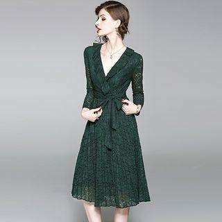 V-neck Lace 3/4-sleeve A-line Dress