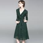 V-neck Lace 3/4-sleeve A-line Dress