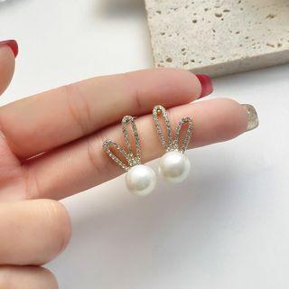 Rabbit Ear Faux Pearl Earring 1 Pair - 925 Silver Needle Earring - Faux Pearl & Rhinestone - Silver - One Size