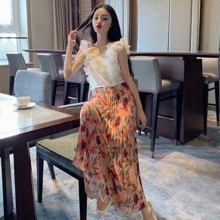 Ruffle Trim Camisole Top / Flower Print Midi A-line Skirt
