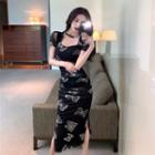 Square Neck Butterfly Print Midi Bodycon Dress