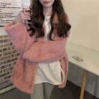 Ribbed Button-up Jacket Coat - Pink - One Size