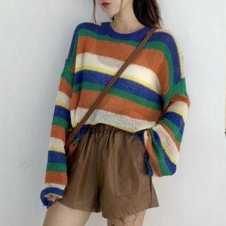 Striped Sweater / Drawstring Faux Leather Shorts