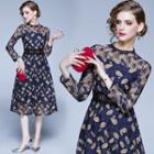 Crochet Trim Long-sleeve Leaf Print Midi A-line Dress