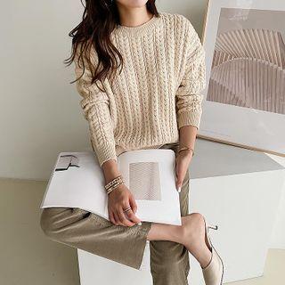 Drop-shoulder Cable Sweater Beige - One Size