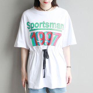 Drawstring Waist Printed Elbow-sleeve Long T-shirt