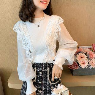 Lace Trim Lantern-sleeve Knit Top