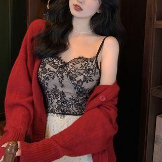 Plain Loose-fit Cardigan / Lace Cropped Camisole Top