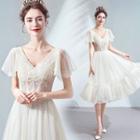Lace Trim Short-sleeve A-line Midi Mesh Prom Dress
