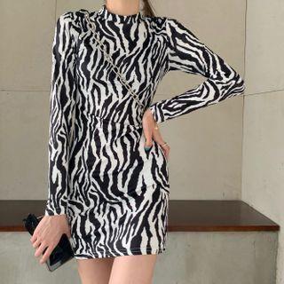 Zebra Print Long-sleeve Slim-fit Dress Zebra - One Size