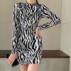 Zebra Print Long-sleeve Slim-fit Dress Zebra - One Size