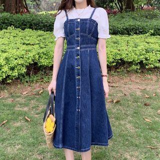 Short-sleeve Frill Trim Top / Denim Midi Overall Dress