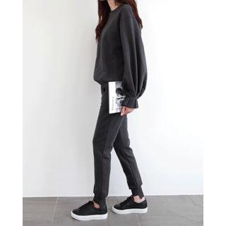 Pleat-cuff Cotton Plain Sweatshirt