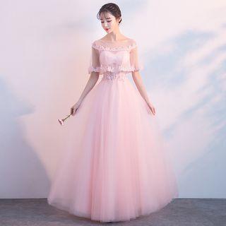 Short-sleeve Sheer Panel Evening Gown