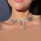 Rhinestone Bow Choker Necklace Silver - One Size